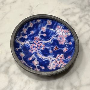 Japanese Porcelainware Cherry Blossom Trinket Bowl - Pewter Wrapped - Signed